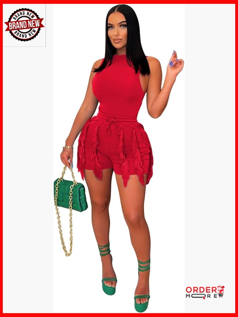 2 Piece Shorts Set Sleeveless Tank Top High Waist Drawstring With Tassel